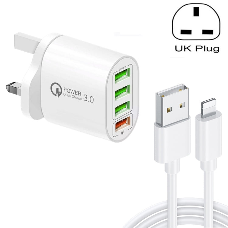 QC-04 Carregador Multiportas QC3.0 + 3 x USB2.0 com Cabo de Dados USB 3A para 8 Pinos, Ficha UK, Ficha UK + Cabo 8 Pinos