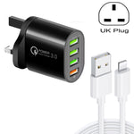 QC-04 Carregador Multiportas QC3.0 + 3 x USB2.0 com Cabo de Dados USB 3A para 8 Pinos, Ficha UK, Ficha UK + Cabo 8 Pinos