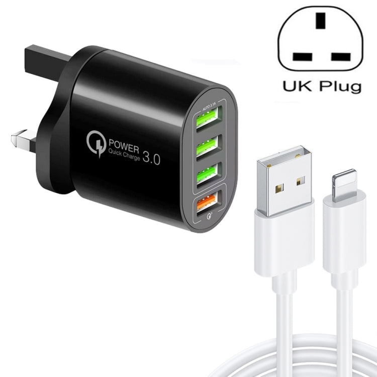 QC-04 Carregador Multiportas QC3.0 + 3 x USB2.0 com Cabo de Dados USB 3A para 8 Pinos, Ficha UK, Ficha UK + Cabo 8 Pinos