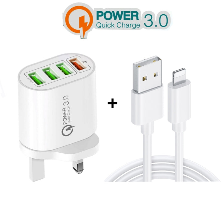 QC-04 Carregador Multiportas QC3.0 + 3 x USB2.0 com Cabo de Dados USB 3A para 8 Pinos, Ficha UK, Ficha UK + Cabo 8 Pinos