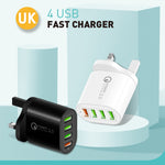 QC-04 Carregador Multiportas QC3.0 + 3 x USB2.0 com Cabo de Dados USB 3A para 8 Pinos, Ficha UK, Ficha UK + Cabo 8 Pinos