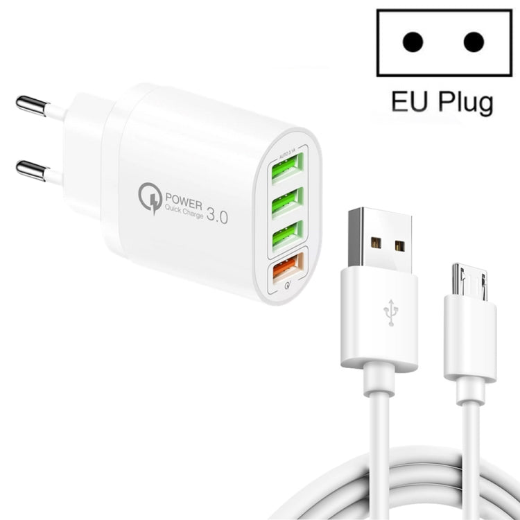 Carregador multiportas QC-04 QC3.0 + 3 x USB2.0 com cabo de dados USB 3A para Micro USB, ficha EU, ficha EU + cabo Micro USB