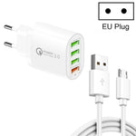 Carregador multiportas QC-04 QC3.0 + 3 x USB2.0 com cabo de dados USB 3A para Micro USB, ficha EU, ficha EU + cabo Micro USB