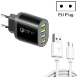 Carregador multiportas QC-04 QC3.0 + 3 x USB2.0 com cabo de dados USB 3A para Micro USB, ficha EU, ficha EU + cabo Micro USB
