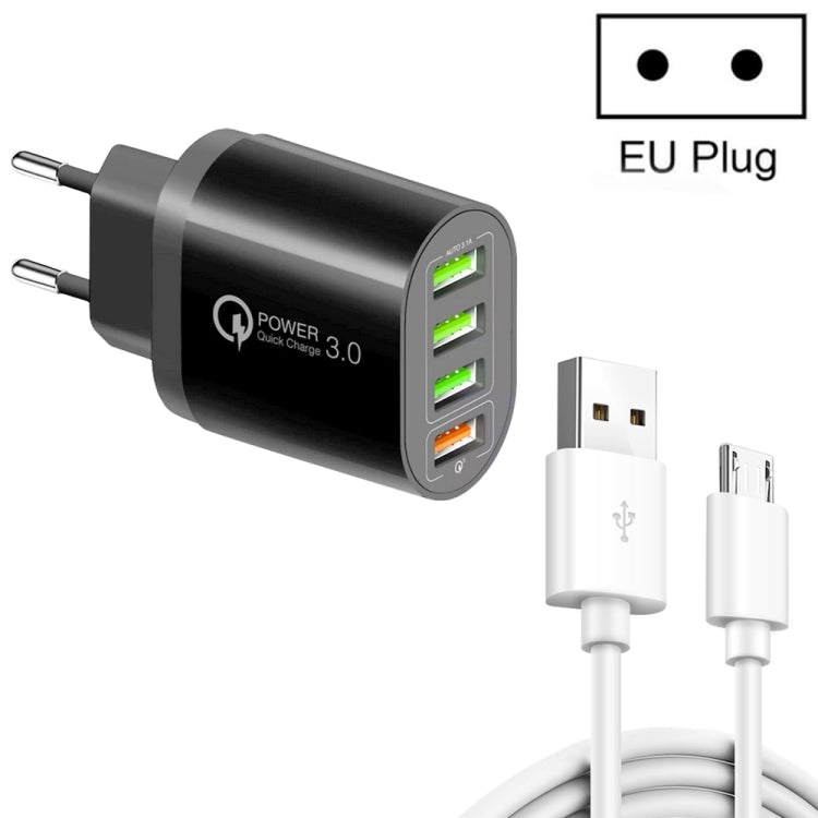 Carregador multiportas QC-04 QC3.0 + 3 x USB2.0 com cabo de dados USB 3A para Micro USB, ficha EU, ficha EU + cabo Micro USB