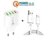 Carregador multiportas QC-04 QC3.0 + 3 x USB2.0 com cabo de dados USB 3A para Micro USB, ficha EU, ficha EU + cabo Micro USB