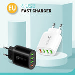 Carregador multiportas QC-04 QC3.0 + 3 x USB2.0 com cabo de dados USB 3A para Micro USB, ficha EU, ficha EU + cabo Micro USB