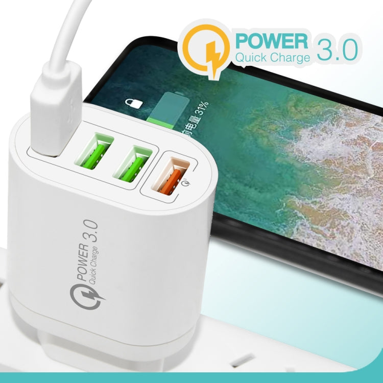 Carregador multiportas QC-04 QC3.0 + 3 x USB2.0 com cabo de dados USB 3A para Micro USB, ficha EU, ficha EU + cabo Micro USB