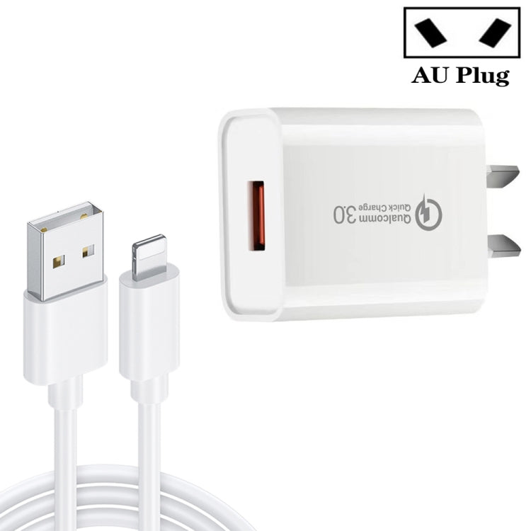 Carregador Rápido CA-25 QC3.0 USB 3A com Cabo de Dados USB para 8 Pinos, Ficha Austrália, Ficha Austrália + Cabo 8 Pinos