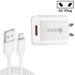 Carregador Rápido CA-25 QC3.0 USB 3A com Cabo de Dados USB para 8 Pinos, Ficha Austrália, Ficha Austrália + Cabo 8 Pinos