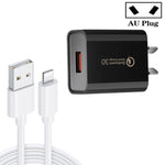 Carregador Rápido CA-25 QC3.0 USB 3A com Cabo de Dados USB para 8 Pinos, Ficha Austrália, Ficha Austrália + Cabo 8 Pinos