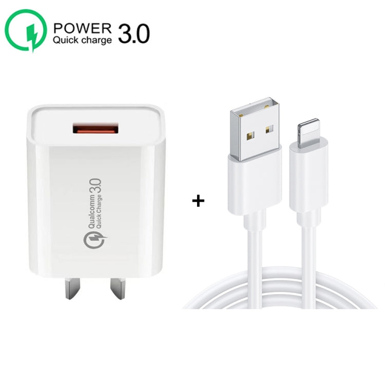 Carregador Rápido CA-25 QC3.0 USB 3A com Cabo de Dados USB para 8 Pinos, Ficha Austrália, Ficha Austrália + Cabo 8 Pinos