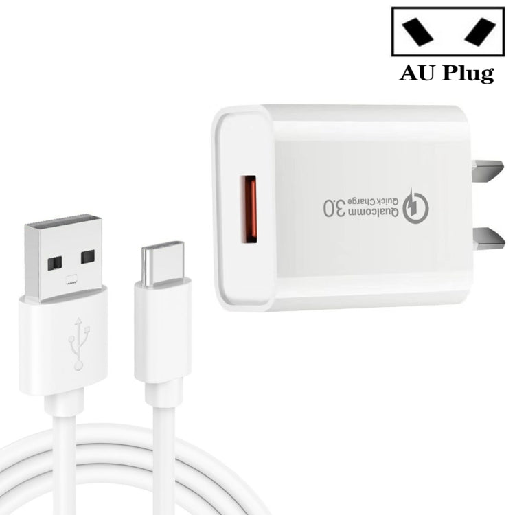 Carregador rápido CA-25 QC3.0 USB 3A com cabo de dados USB para Type-C de 1m, ficha AU, ficha AU + cabo Type-C