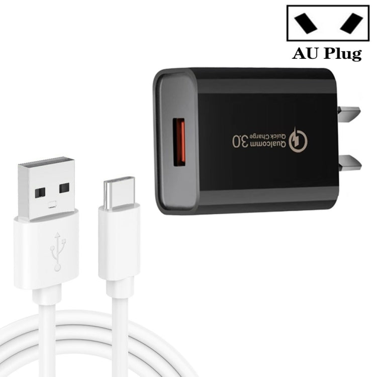Carregador rápido CA-25 QC3.0 USB 3A com cabo de dados USB para Type-C de 1m, ficha AU, ficha AU + cabo Type-C