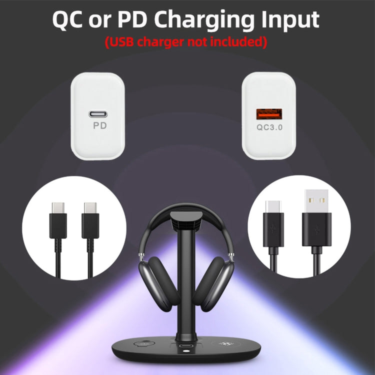 Suporte para Auscultadores 4 em 1 B-15A com Carregador Sem Fios para Telemóvel, iWatch e AirPods