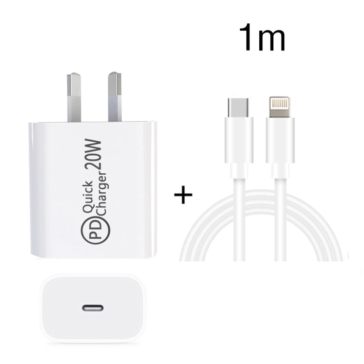 Carregador de Viagem AU-20W PD USB-C / Tipo-C com Cabo de Dados USB-C para 8 Pinos, Ficha Austrália, Ficha Austrália + Cabo PD 8 Pinos 1m, Ficha Austrália + Cabo PD 8 Pinos 2m