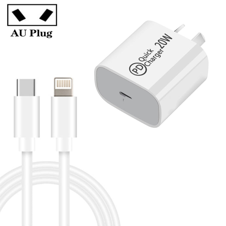 Carregador de Viagem AU-20W PD USB-C / Tipo-C com Cabo de Dados USB-C para 8 Pinos, Ficha Austrália, Ficha Austrália + Cabo PD 8 Pinos 1m, Ficha Austrália + Cabo PD 8 Pinos 2m