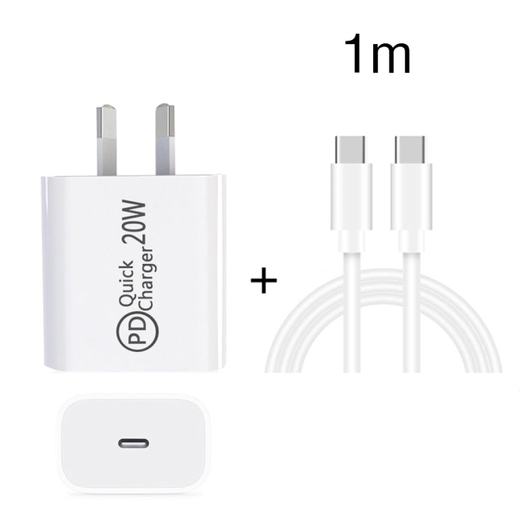 Carregador de Viagem AU-20W PD USB-C / Type-C com Cabo de Dados Type-C para Type-C, Ficha AU, Ficha AU + Cabo PD 1m, Ficha AU + Cabo PD 2m