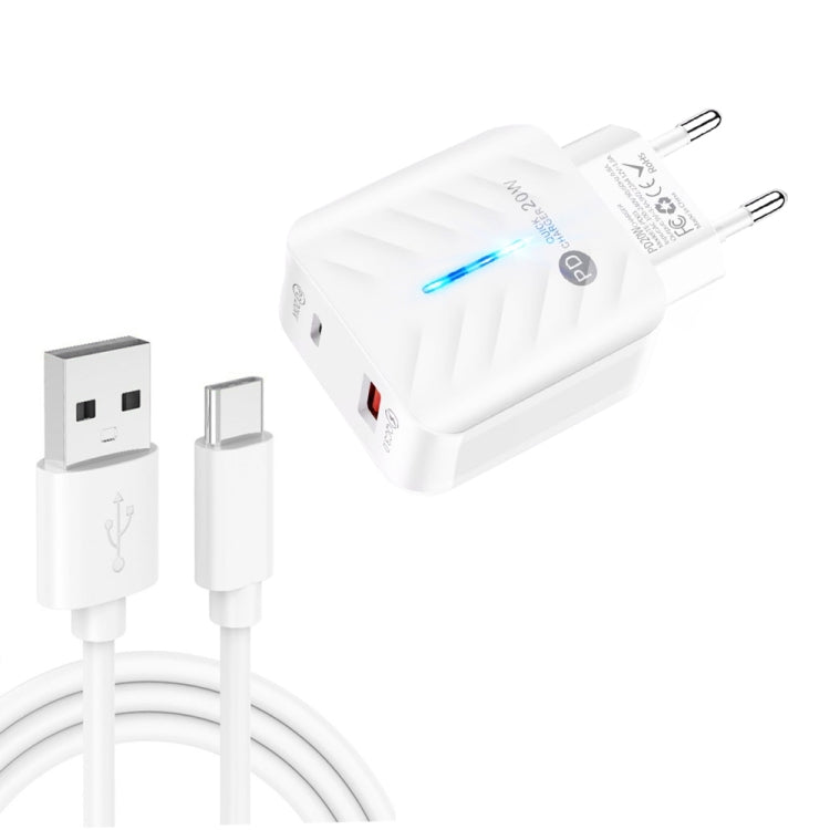 Carregador USB PD03 20W PD3.0 + QC3.0 com Cabo USB para Type-C, Ficha UE, Ficha UE, Ficha UE + Cabo USB para Type-C
