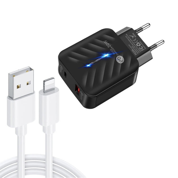 Carregador PD03 20W PD3.0 + QC3.0 USB com Cabo de Dados USB para 8 Pinos, Ficha UE, Ficha UE + Cabo USB para 8 Pinos