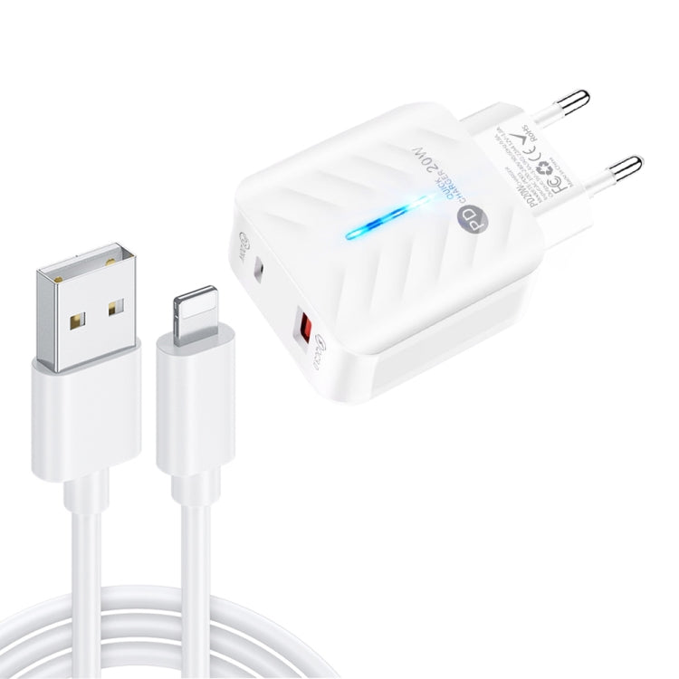 Carregador PD03 20W PD3.0 + QC3.0 USB com Cabo de Dados USB para 8 Pinos, Ficha UE, Ficha UE + Cabo USB para 8 Pinos