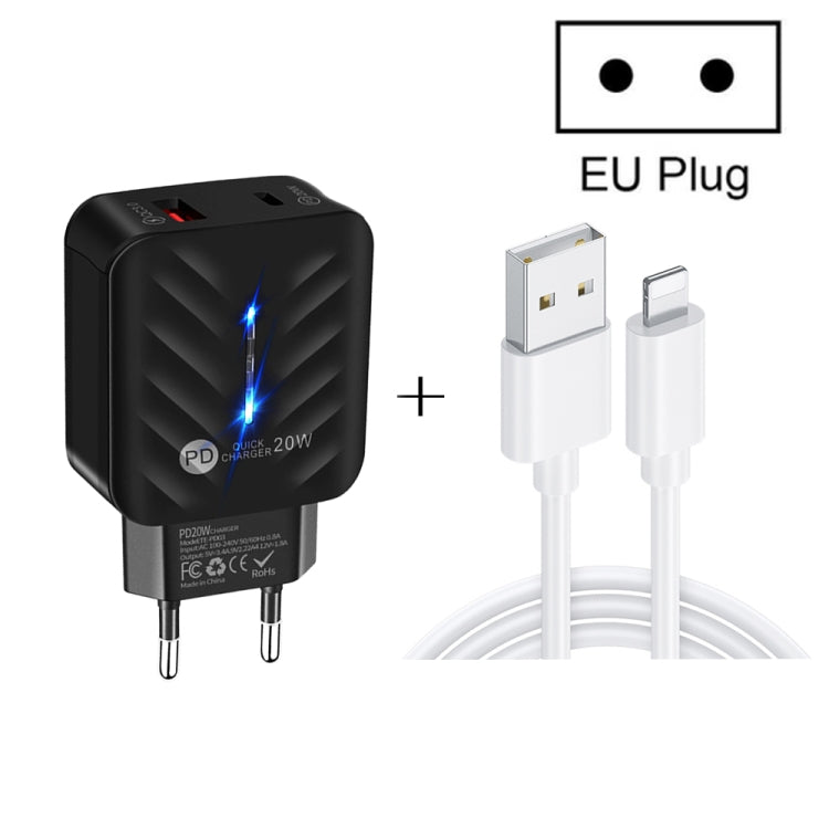 Carregador PD03 20W PD3.0 + QC3.0 USB com Cabo de Dados USB para 8 Pinos, Ficha UE, Ficha UE + Cabo USB para 8 Pinos