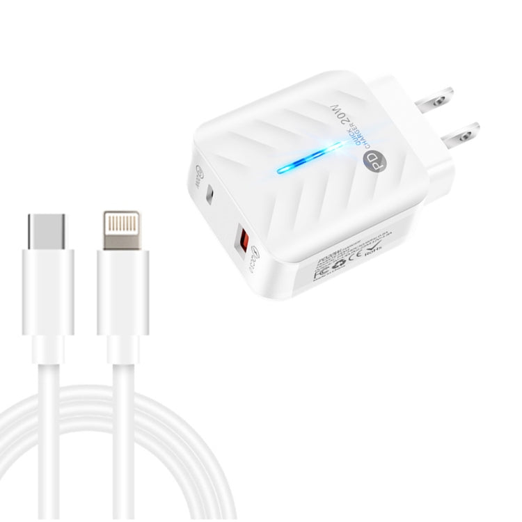 Carregador PD03 20W PD3.0 + QC3.0 USB com Cabo de Dados Tipo-C para 8 Pinos, Ficha EUA, Ficha EUA + Cabo Tipo-C para 8 Pinos
