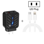 Carregador PD03 20W PD3.0 + QC3.0 USB com Cabo de Dados Tipo-C para 8 Pinos, Ficha EUA, Ficha EUA + Cabo Tipo-C para 8 Pinos