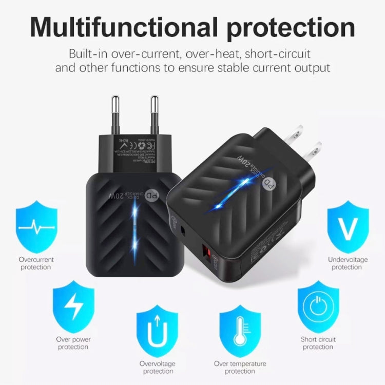 Carregador PD03 20W PD3.0 + QC3.0 USB com Cabo de Dados Tipo-C para 8 Pinos, Ficha EUA, Ficha EUA + Cabo Tipo-C para 8 Pinos