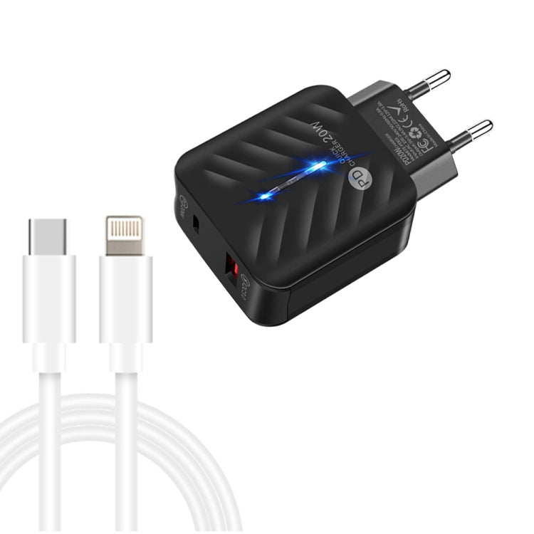 Carregador PD03 20W PD3.0 + QC3.0 USB com Cabo de Dados Tipo-C para 8 Pinos, Ficha UE, Ficha UE + Cabo Tipo-C para 8 Pinos