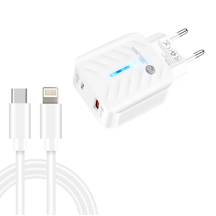 Carregador PD03 20W PD3.0 + QC3.0 USB com Cabo de Dados Tipo-C para 8 Pinos, Ficha UE, Ficha UE + Cabo Tipo-C para 8 Pinos