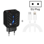 Carregador PD03 20W PD3.0 + QC3.0 USB com Cabo de Dados Tipo-C para 8 Pinos, Ficha UE, Ficha UE + Cabo Tipo-C para 8 Pinos
