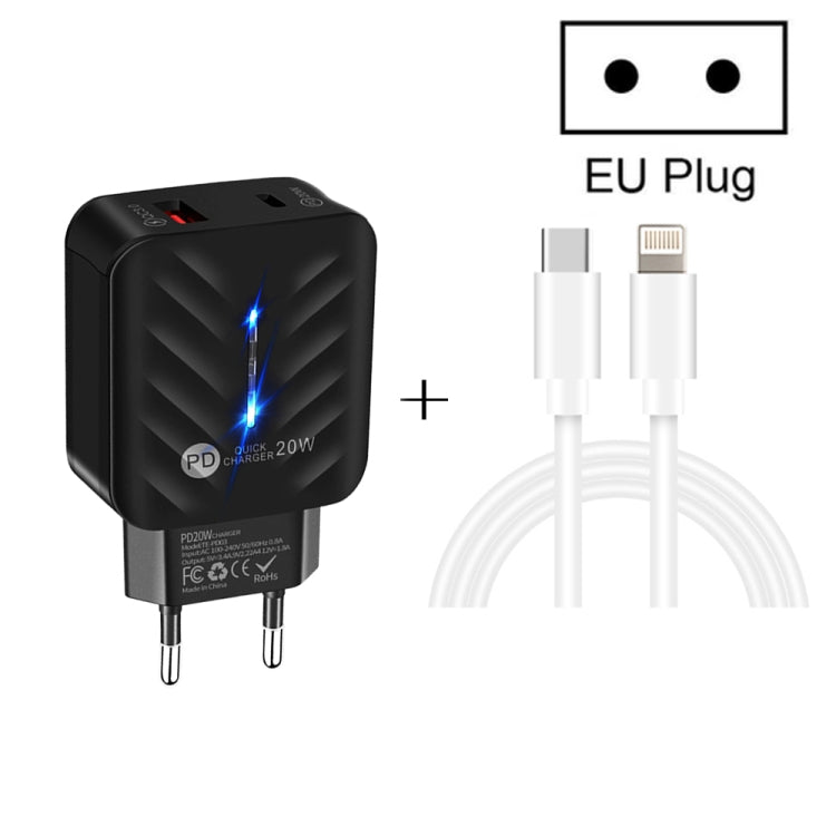 Carregador PD03 20W PD3.0 + QC3.0 USB com Cabo de Dados Tipo-C para 8 Pinos, Ficha UE, Ficha UE + Cabo Tipo-C para 8 Pinos