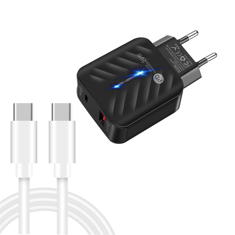Carregador USB PD03 20W PD3.0 + QC3.0 com Cabo de Dados Type-C para Type-C, Ficha UE, Ficha UE + Cabo Type-C para Type-C