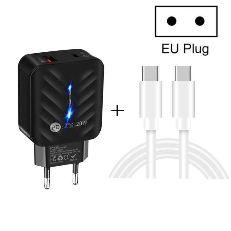 Carregador USB PD03 20W PD3.0 + QC3.0 com Cabo de Dados Type-C para Type-C, Ficha UE, Ficha UE + Cabo Type-C para Type-C