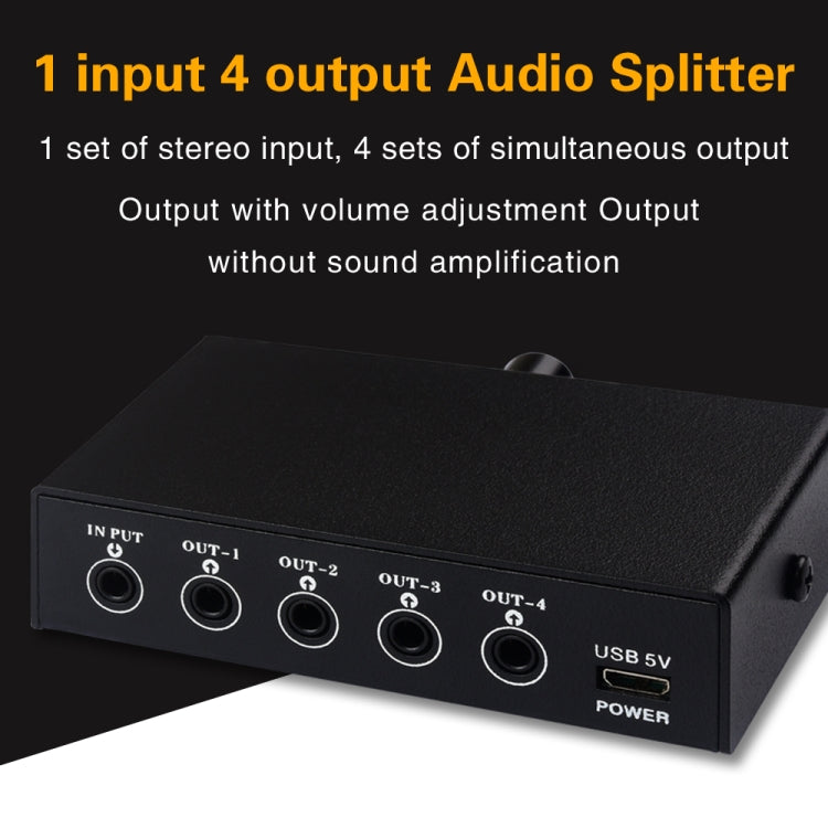 Dispositivo Distribuidor Divisor de Sinal de Frequência de Áudio 1 Entrada 4 Saídas, Saída Não Consumidora, Interface 3,5mm, 1 Entrada 4 Saídas Interface 3,5mm