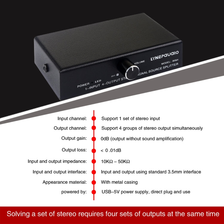 Dispositivo Distribuidor Divisor de Sinal de Frequência de Áudio 1 Entrada 4 Saídas, Saída Não Consumidora, Interface 3,5mm, 1 Entrada 4 Saídas Interface 3,5mm