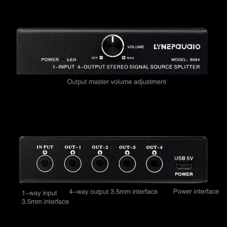 Dispositivo Distribuidor Divisor de Sinal de Frequência de Áudio 1 Entrada 4 Saídas, Saída Não Consumidora, Interface 3,5mm, 1 Entrada 4 Saídas Interface 3,5mm