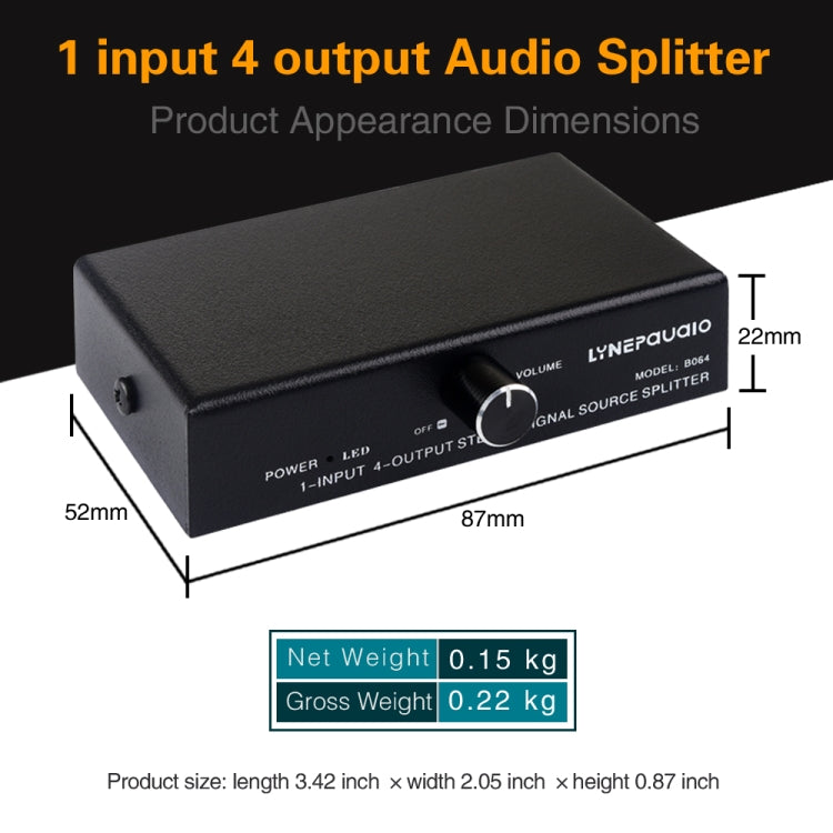 Dispositivo Distribuidor Divisor de Sinal de Frequência de Áudio 1 Entrada 4 Saídas, Saída Não Consumidora, Interface 3,5mm, 1 Entrada 4 Saídas Interface 3,5mm