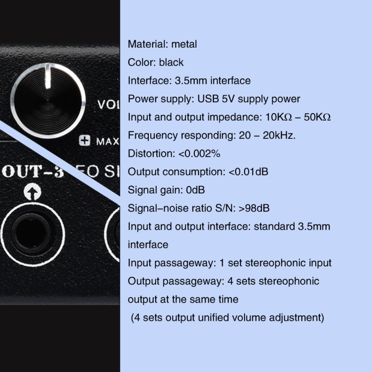 Dispositivo Distribuidor Divisor de Sinal de Frequência de Áudio 1 Entrada 4 Saídas, Saída Não Consumidora, Interface 3,5mm, 1 Entrada 4 Saídas Interface 3,5mm