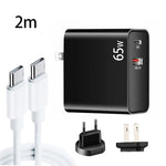 Adaptador de Carregamento para Portátil PD-65W USB-C / Type-C + QC3.0 USB + Conjunto de Cabo de Dados USB-C / Type-C para USB-C / Type-C de 2m, Ficha EU / Ficha US, Cabo USB-C / Type-C, Ficha EU / Ficha US