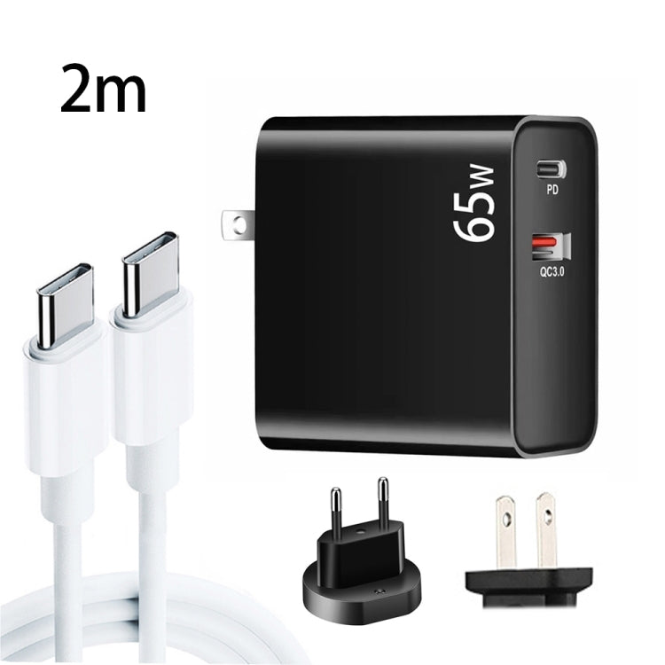 Adaptador de Carregamento para Portátil PD-65W USB-C / Type-C + QC3.0 USB + Conjunto de Cabo de Dados USB-C / Type-C para USB-C / Type-C de 2m, Ficha EU / Ficha US, Cabo USB-C / Type-C, Ficha EU / Ficha US