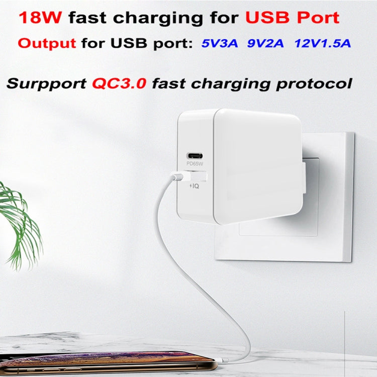 Adaptador de Carregamento para Portátil PD-65W USB-C / Type-C + QC3.0 USB + Conjunto de Cabo de Dados USB-C / Type-C para USB-C / Type-C de 2m, Ficha EU / Ficha US, Cabo USB-C / Type-C, Ficha EU / Ficha US