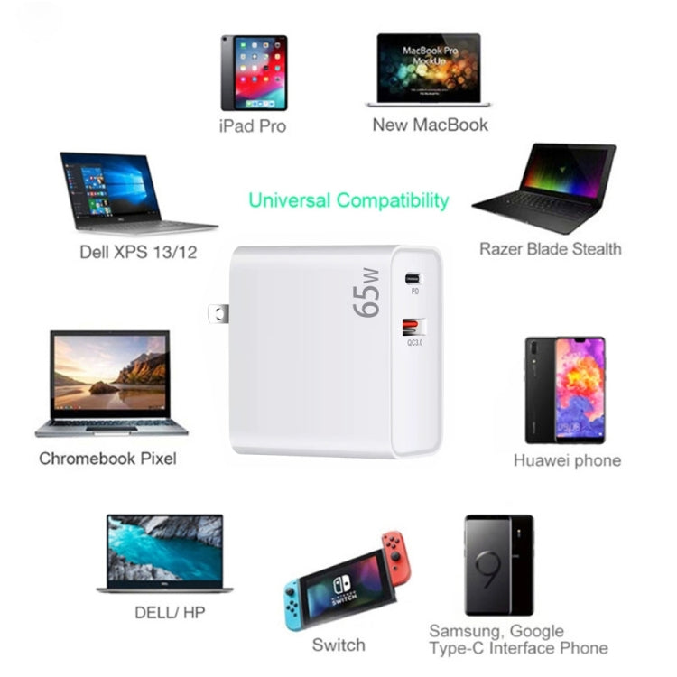 Adaptador de Carregamento para Portátil PD-65W USB-C / Type-C + QC3.0 USB, Ficha UK / Ficha US, Ficha UK / Ficha US