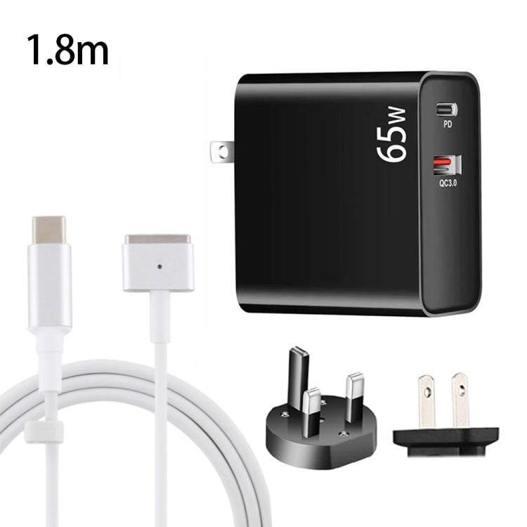 PD-65W Adaptador de Carregamento USB-C / Tipo-C + QC3.0 para Portátil + Cabo de Dados USB-C / Tipo-C para MagSafe 2 / T Head 1,8m, Ficha Reino Unido / Ficha EUA, Cabo MagSafe 2 / T, Ficha Reino Unido / Ficha EUA