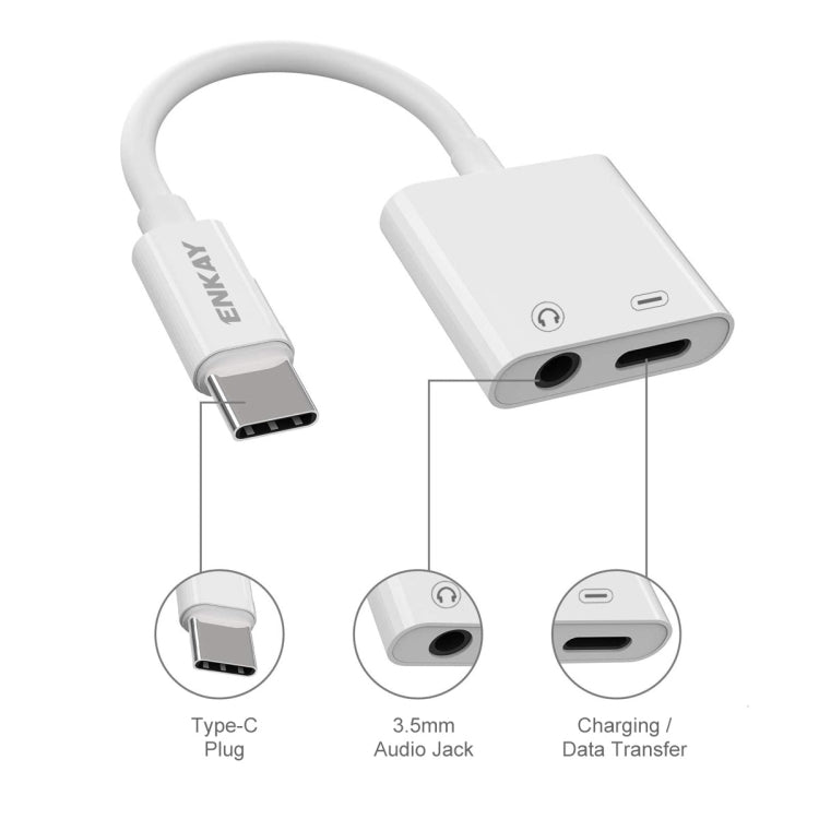 Cabo adaptador de áudio e carregamento ENKAY ENK-AT106 USB-C / Type-C para áudio 3,5mm + auscultadores Type-C