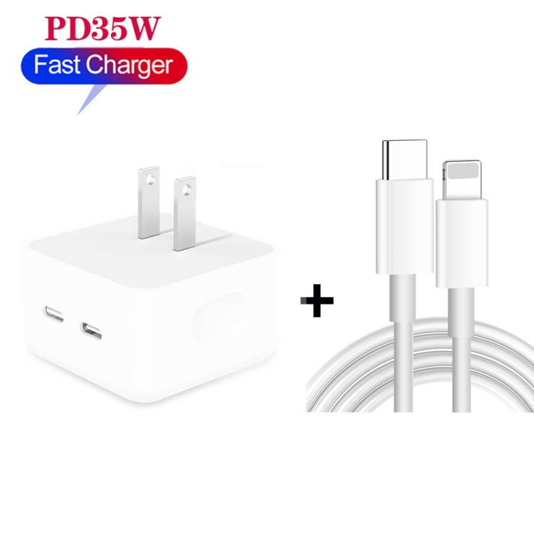 Carregador PD 35W com Duas Portas USB-C / Tipo-C e Cabo de Dados Tipo-C para 8 Pinos, Ficha EUA, Ficha EUA + Cabo 8 Pinos 1m, Ficha EUA + Cabo 8 Pinos 1,5m, Ficha EUA + Cabo 8 Pinos 2m