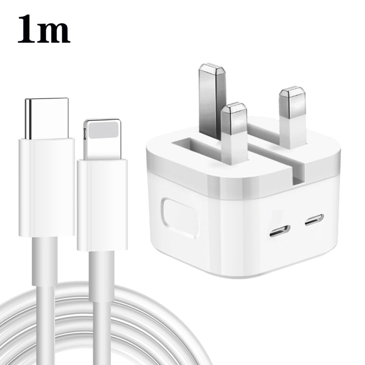 Carregador PD 35W com Duas Portas USB-C / Tipo-C e Cabo de Dados Tipo-C para 8 Pinos, Ficha Reino Unido, Ficha Reino Unido + Cabo 8 Pinos 1m, Ficha Reino Unido + Cabo 8 Pinos 1,5m, Ficha Reino Unido + Cabo 8 Pinos 2m