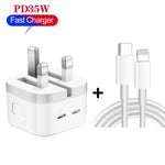 Carregador PD 35W com Duas Portas USB-C / Tipo-C e Cabo de Dados Tipo-C para 8 Pinos, Ficha Reino Unido, Ficha Reino Unido + Cabo 8 Pinos 1m, Ficha Reino Unido + Cabo 8 Pinos 1,5m, Ficha Reino Unido + Cabo 8 Pinos 2m