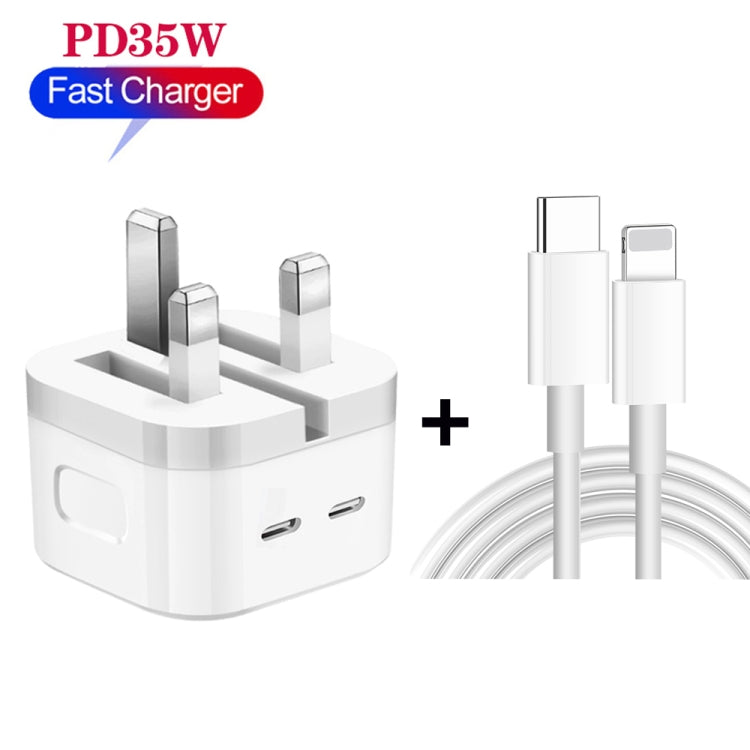 Carregador PD 35W com Duas Portas USB-C / Tipo-C e Cabo de Dados Tipo-C para 8 Pinos, Ficha Reino Unido, Ficha Reino Unido + Cabo 8 Pinos 1m, Ficha Reino Unido + Cabo 8 Pinos 1,5m, Ficha Reino Unido + Cabo 8 Pinos 2m